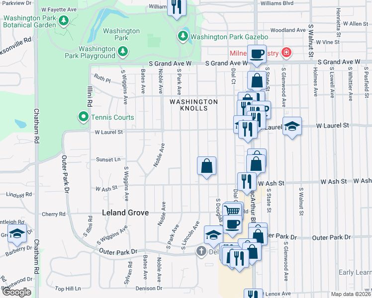 map of restaurants, bars, coffee shops, grocery stores, and more near 1740 South Park Avenue in Leland Grove