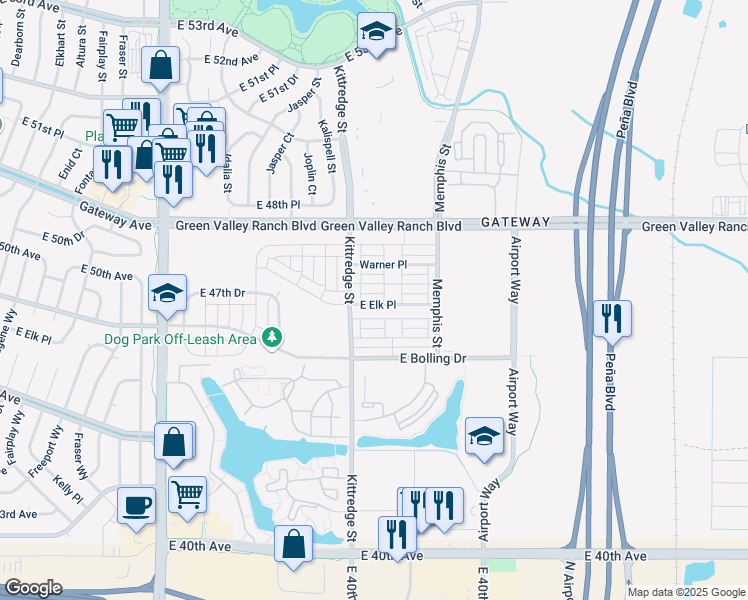 map of restaurants, bars, coffee shops, grocery stores, and more near 16058 East Elk Drive in Denver