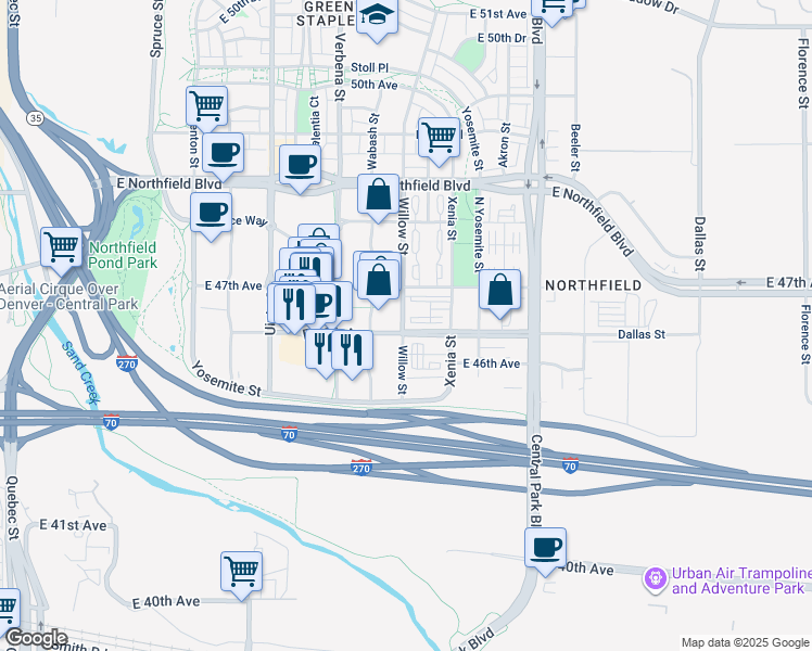 map of restaurants, bars, coffee shops, grocery stores, and more near 8634 Northfield Boulevard in Denver