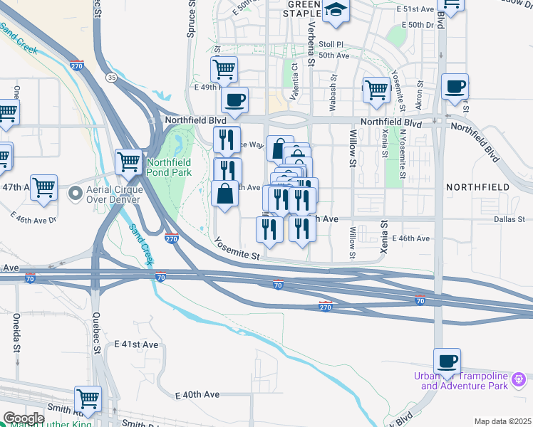 map of restaurants, bars, coffee shops, grocery stores, and more near Uinta Street in Denver