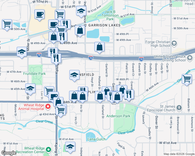 map of restaurants, bars, coffee shops, grocery stores, and more near 4686 Hoyt Street in Wheat Ridge