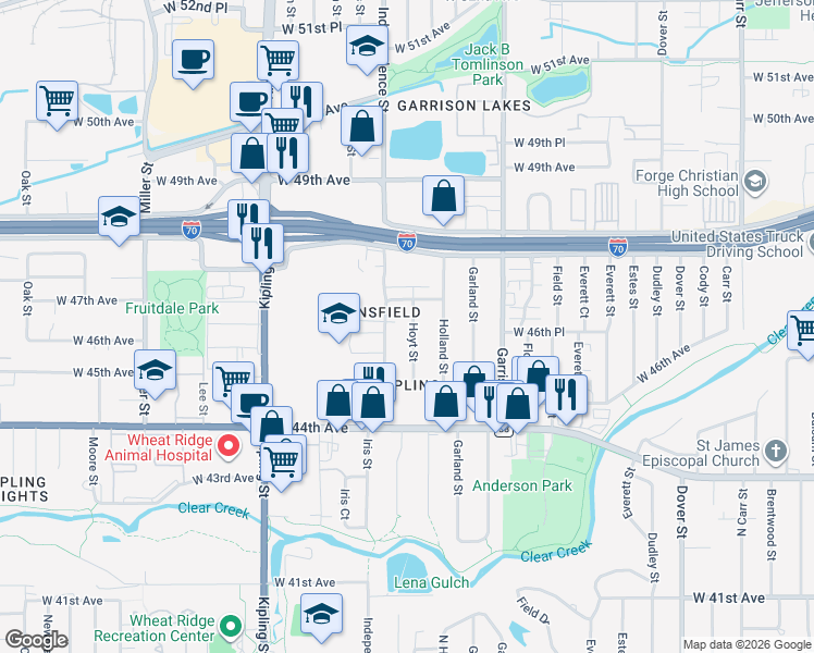 map of restaurants, bars, coffee shops, grocery stores, and more near 4686 Hoyt Street in Wheat Ridge