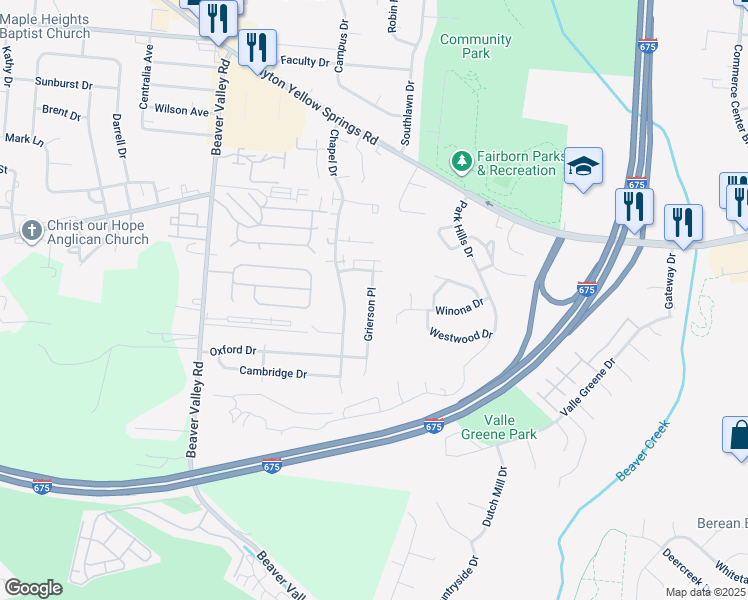 map of restaurants, bars, coffee shops, grocery stores, and more near 2217 Grierson Place in Fairborn