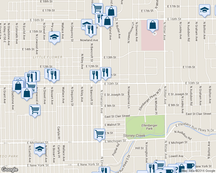 map of restaurants, bars, coffee shops, grocery stores, and more near 5135 East 10th Street in Indianapolis