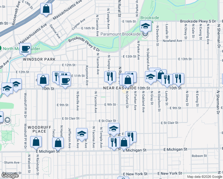map of restaurants, bars, coffee shops, grocery stores, and more near 2602 East 10th Street in Indianapolis