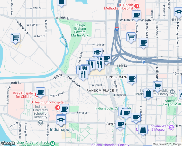 map of restaurants, bars, coffee shops, grocery stores, and more near 645 West 11th Street in Indianapolis