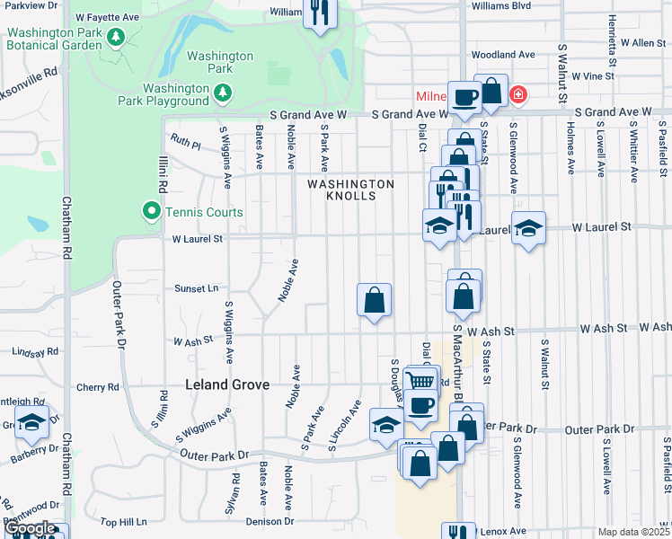 map of restaurants, bars, coffee shops, grocery stores, and more near 1736 South Park Avenue in Leland Grove