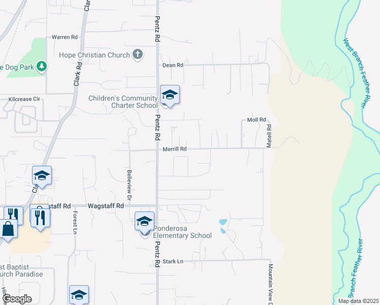 map of restaurants, bars, coffee shops, grocery stores, and more near 1782 Merrill Road in Paradise