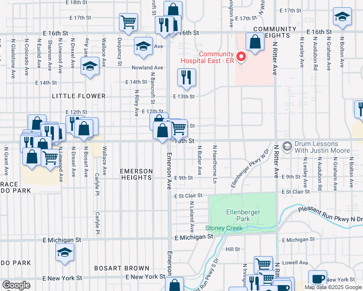 map of restaurants, bars, coffee shops, grocery stores, and more near 934 North Leland Avenue in Indianapolis