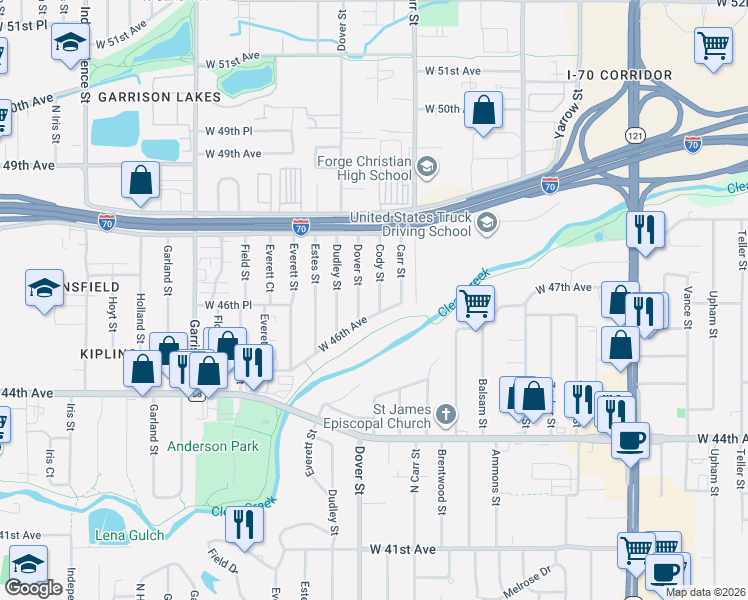 map of restaurants, bars, coffee shops, grocery stores, and more near 4704 Dover Street in Wheat Ridge