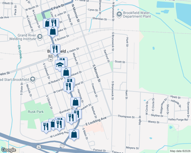 map of restaurants, bars, coffee shops, grocery stores, and more near 400-498 South Monroe Street in Brookfield
