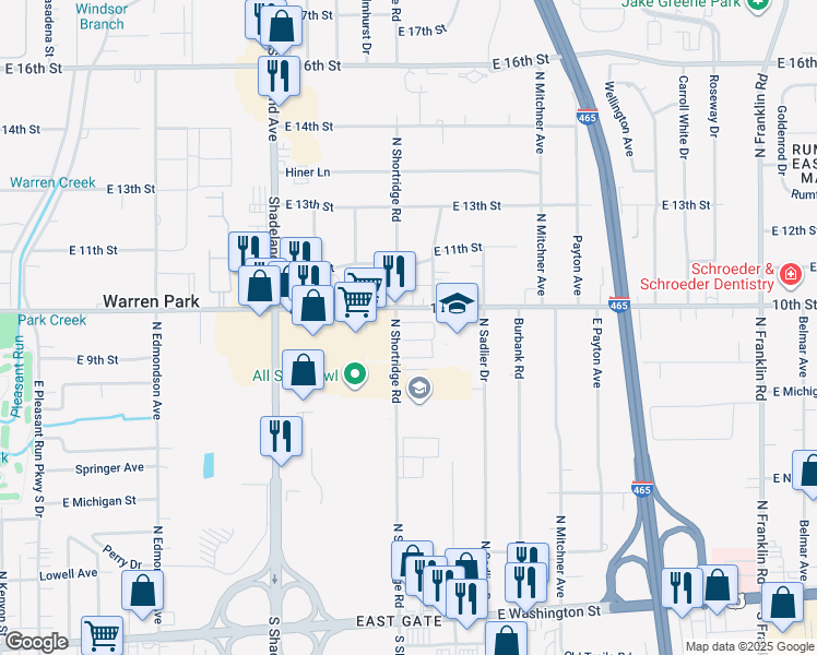 map of restaurants, bars, coffee shops, grocery stores, and more near 801 North Shortridge Road in Indianapolis
