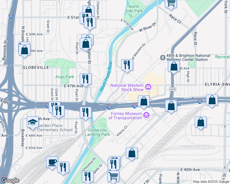 map of restaurants, bars, coffee shops, grocery stores, and more near 4710 National Western Drive in Denver