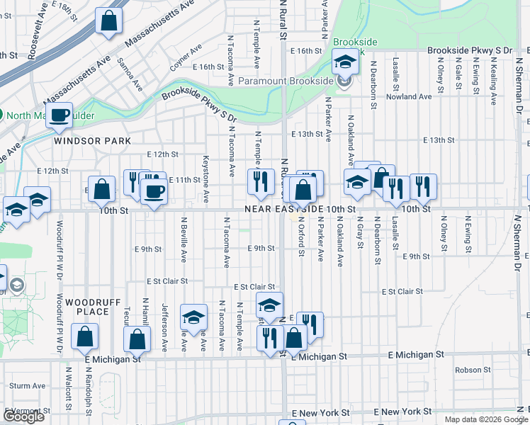 map of restaurants, bars, coffee shops, grocery stores, and more near 2602 East 10th Street in Indianapolis
