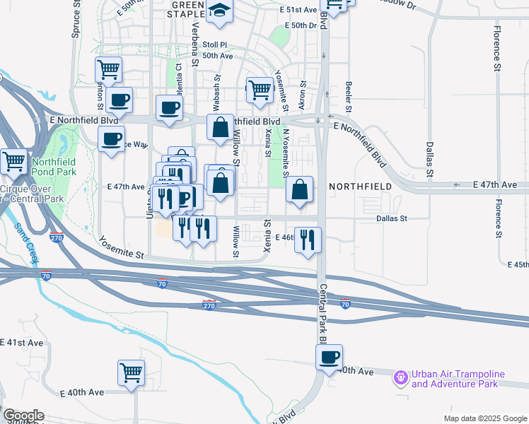 map of restaurants, bars, coffee shops, grocery stores, and more near 4657 Xenia Street in Denver