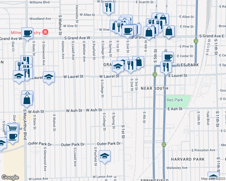 map of restaurants, bars, coffee shops, grocery stores, and more near 1812 South Spring Street in Springfield