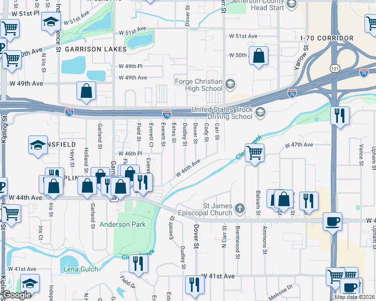 map of restaurants, bars, coffee shops, grocery stores, and more near 4705 Dudley Street in Wheat Ridge