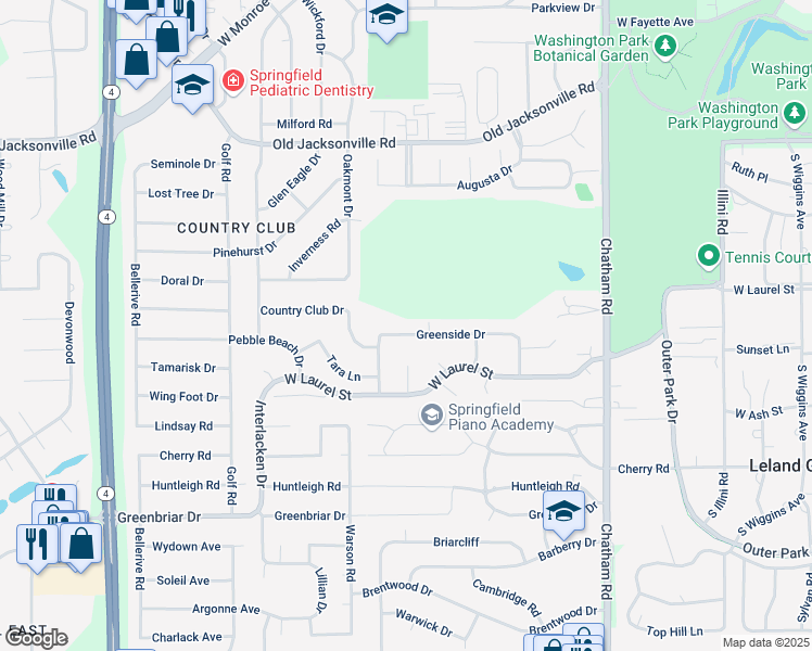 map of restaurants, bars, coffee shops, grocery stores, and more near 2399 Greenside Drive in Springfield