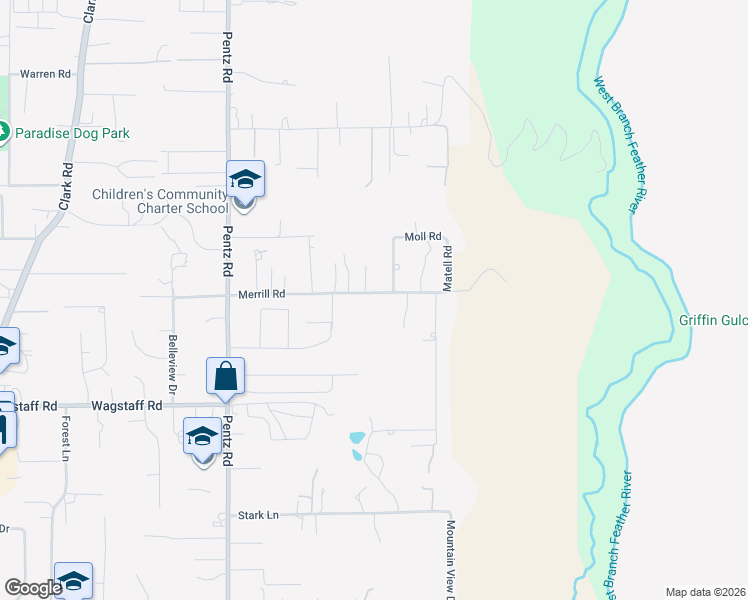 map of restaurants, bars, coffee shops, grocery stores, and more near 1870 Merrill Road in Paradise