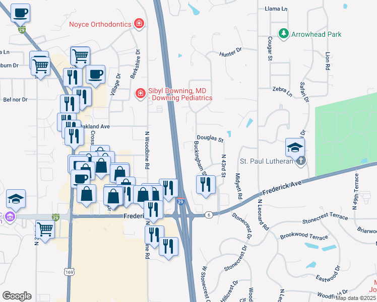 map of restaurants, bars, coffee shops, grocery stores, and more near 1602 Buckingham Street in Saint Joseph