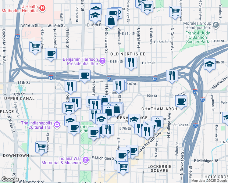 map of restaurants, bars, coffee shops, grocery stores, and more near 1014 North Alabama Street in Indianapolis