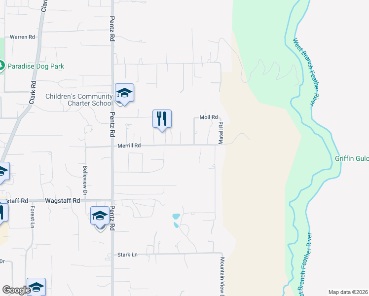 map of restaurants, bars, coffee shops, grocery stores, and more near 1870 Merrill Road in Paradise
