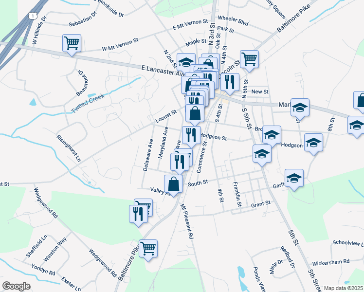 map of restaurants, bars, coffee shops, grocery stores, and more near 231 Penn Avenue in Oxford