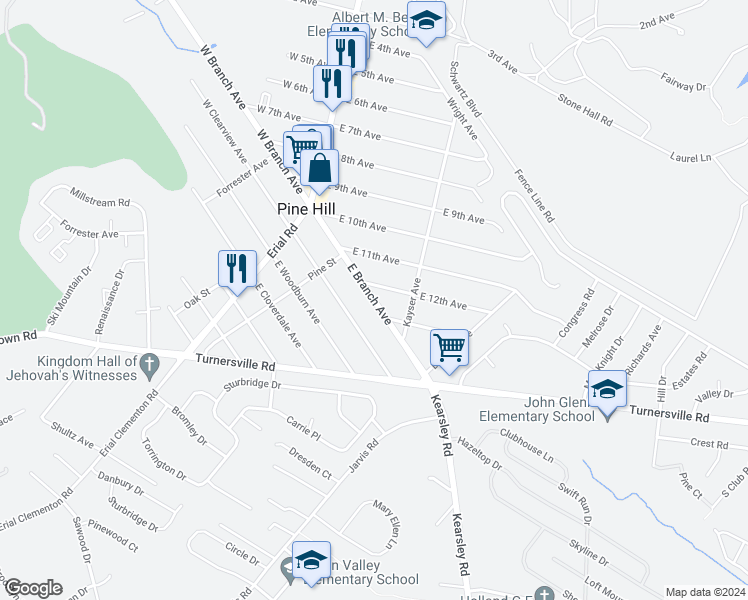 map of restaurants, bars, coffee shops, grocery stores, and more near 116 East Branch Avenue in Pine Hill