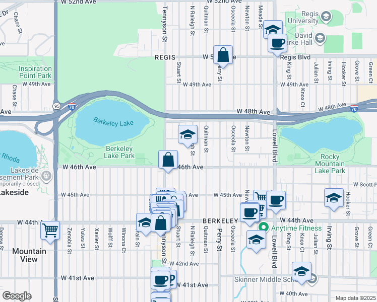 map of restaurants, bars, coffee shops, grocery stores, and more near 4665 Raleigh Street in Denver