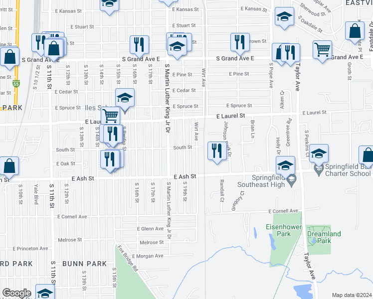 map of restaurants, bars, coffee shops, grocery stores, and more near 1900 South 19th Street in Springfield