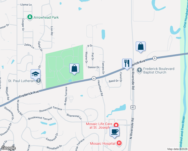 map of restaurants, bars, coffee shops, grocery stores, and more near 5125 Frederick Avenue in Saint Joseph