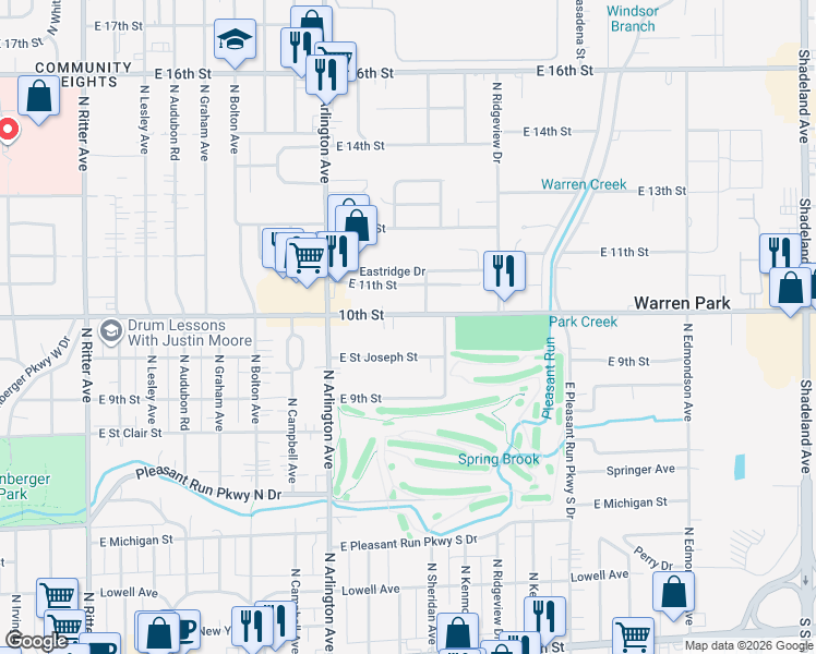 map of restaurants, bars, coffee shops, grocery stores, and more near 6115 East 10th Street in Indianapolis