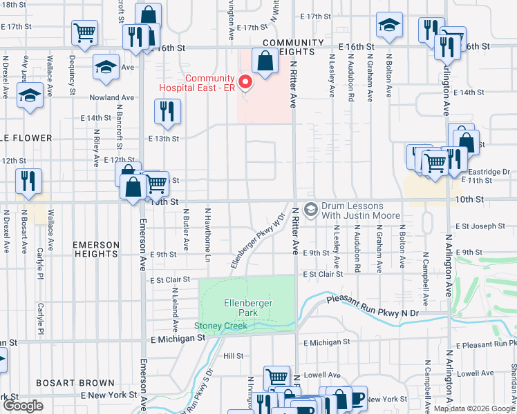 map of restaurants, bars, coffee shops, grocery stores, and more near 5415 East 10th Street in Indianapolis