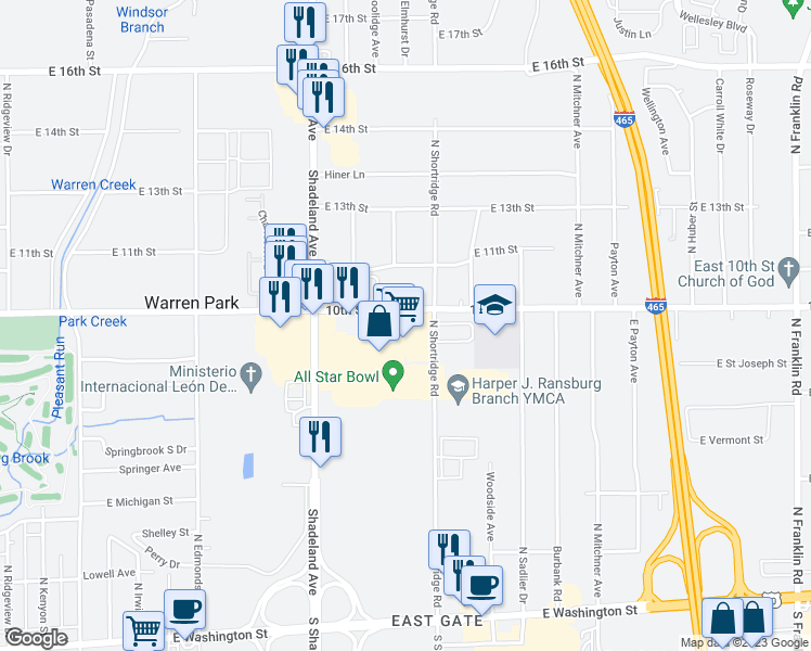 map of restaurants, bars, coffee shops, grocery stores, and more near 7101 East 10th Street in Indianapolis