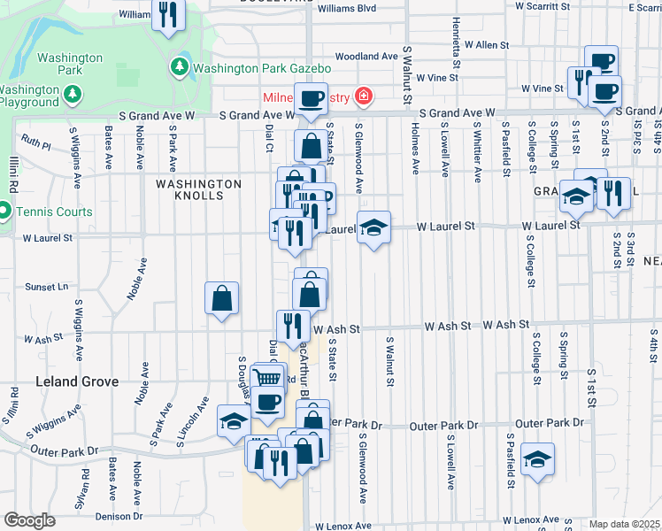 map of restaurants, bars, coffee shops, grocery stores, and more near 1805 South State Street in Springfield