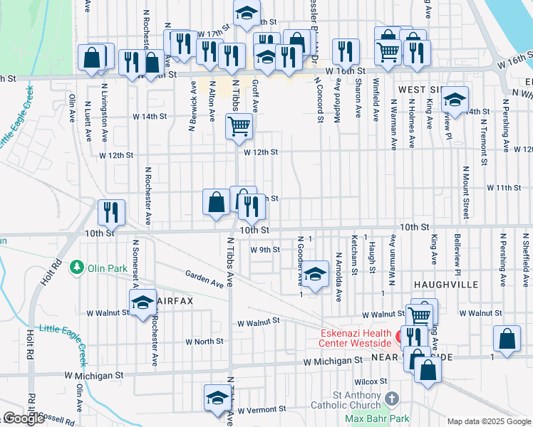 map of restaurants, bars, coffee shops, grocery stores, and more near 1024 Mitchell Street in Indianapolis
