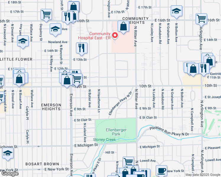 map of restaurants, bars, coffee shops, grocery stores, and more near 5334 East 10th Street in Indianapolis
