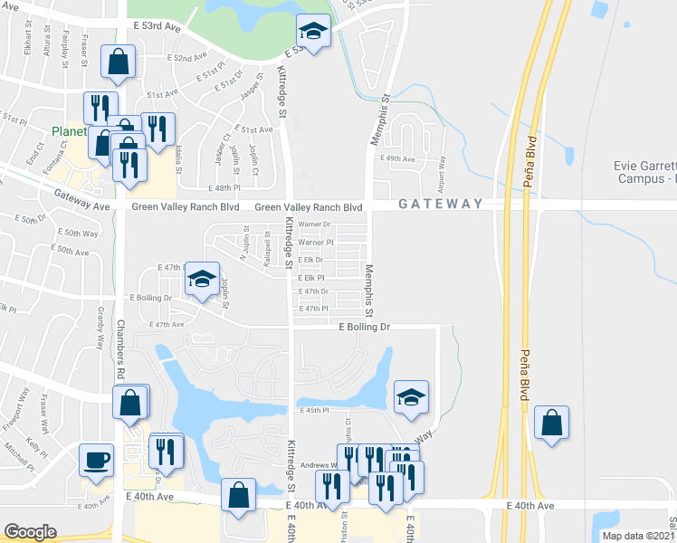 map of restaurants, bars, coffee shops, grocery stores, and more near 16198 East Elk Drive in Denver