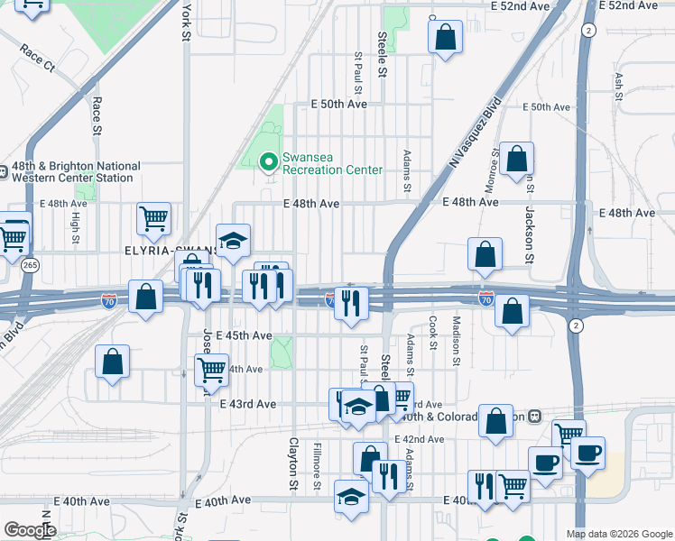 map of restaurants, bars, coffee shops, grocery stores, and more near 4665 Milwaukee Street in Denver