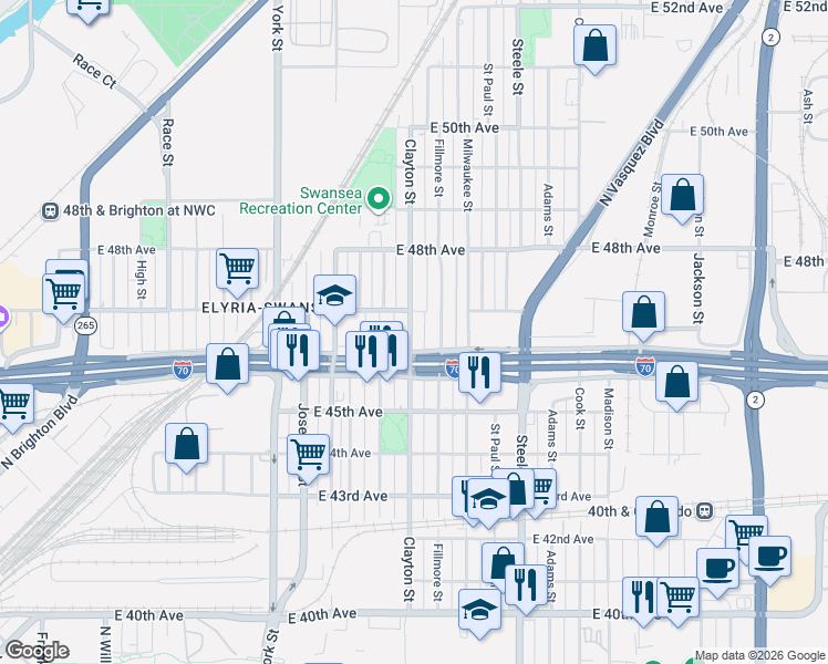 map of restaurants, bars, coffee shops, grocery stores, and more near 4663 East 47th Avenue in Denver