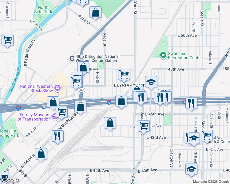 map of restaurants, bars, coffee shops, grocery stores, and more near 4671 Vine Street in Denver