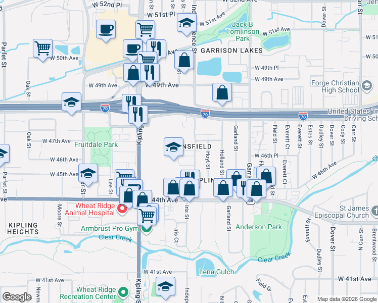 map of restaurants, bars, coffee shops, grocery stores, and more near in Wheat Ridge