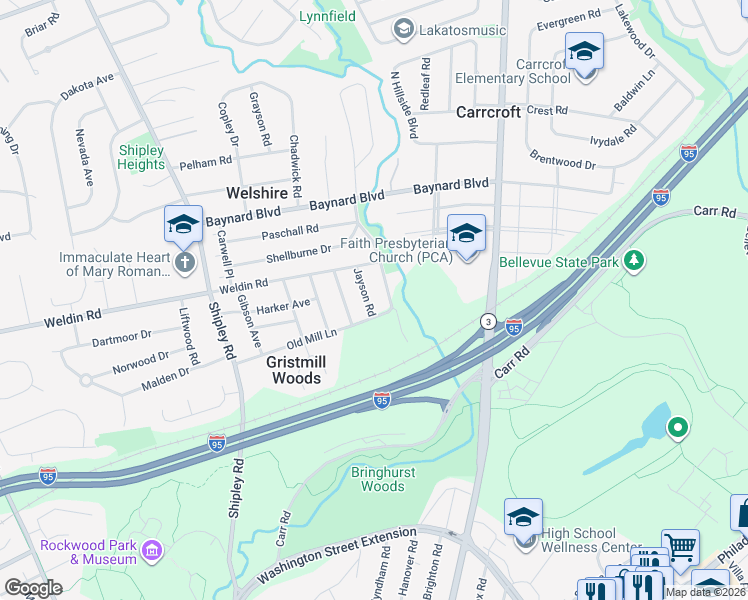 map of restaurants, bars, coffee shops, grocery stores, and more near 105 Jayson Road in Wilmington
