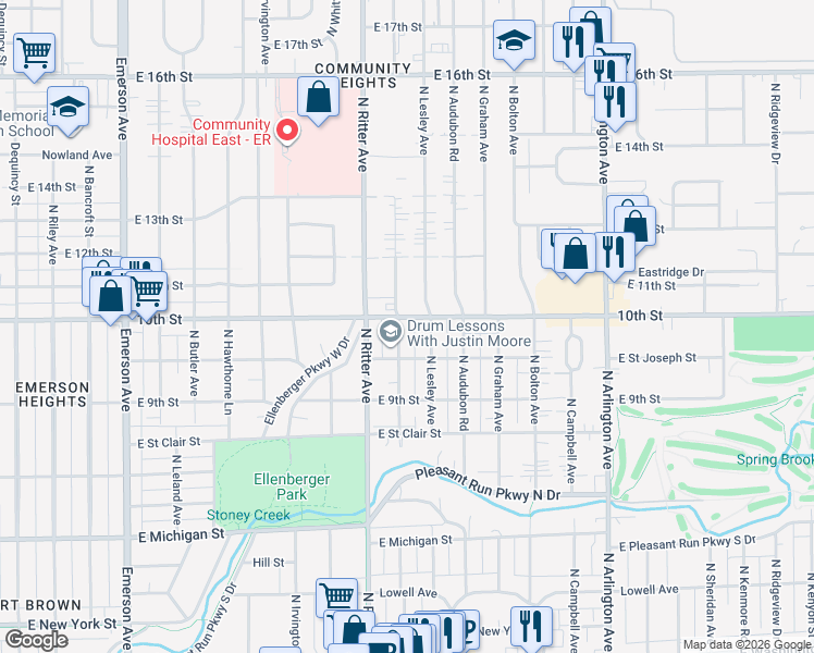 map of restaurants, bars, coffee shops, grocery stores, and more near 982 North Lesley Avenue in Indianapolis
