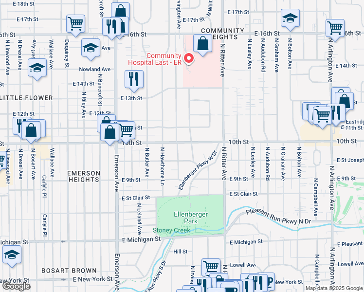 map of restaurants, bars, coffee shops, grocery stores, and more near 5334 East 10th Street in Indianapolis