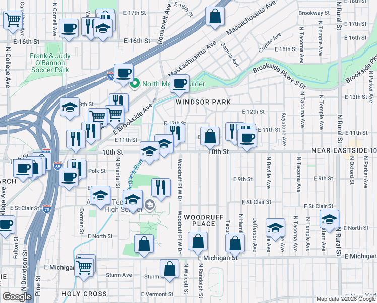 map of restaurants, bars, coffee shops, grocery stores, and more near 1704 East 10th Street in Indianapolis