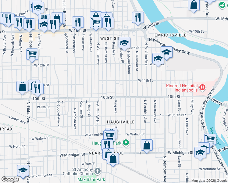 map of restaurants, bars, coffee shops, grocery stores, and more near 1025 King Avenue in Indianapolis