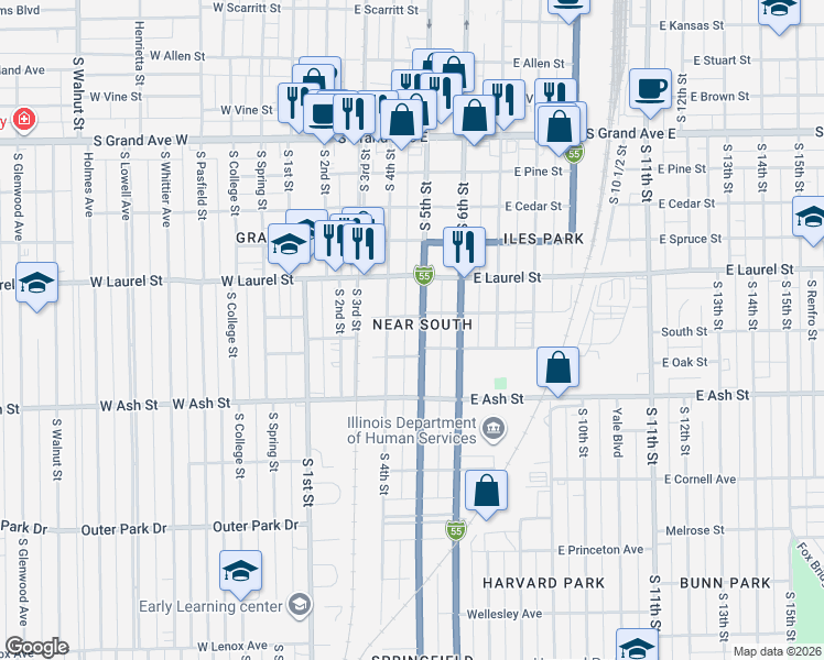 map of restaurants, bars, coffee shops, grocery stores, and more near in Springfield
