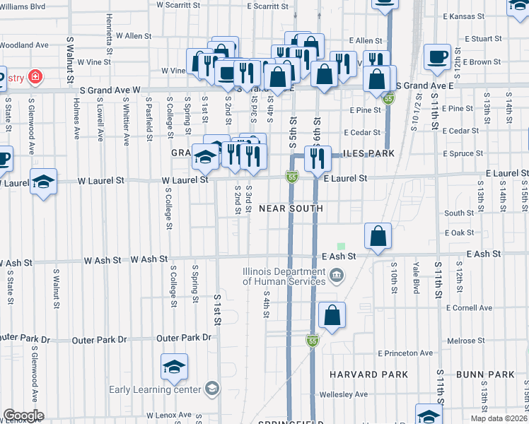 map of restaurants, bars, coffee shops, grocery stores, and more near 300 East Myrtle Street in Springfield