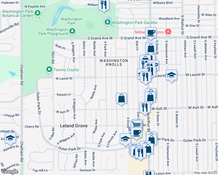 map of restaurants, bars, coffee shops, grocery stores, and more near 1736 South Park Avenue in Leland Grove